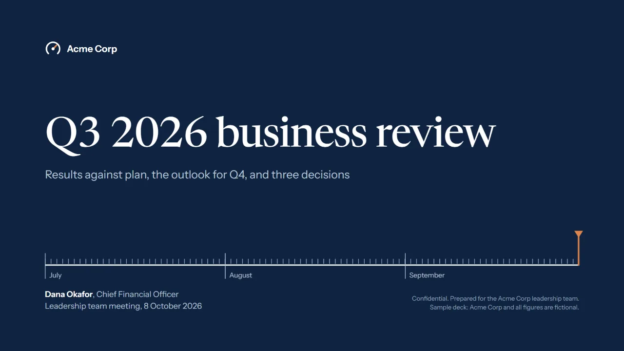 Navy cover for Acme Corp's Q3 2026 business review, with a scale of the quarter