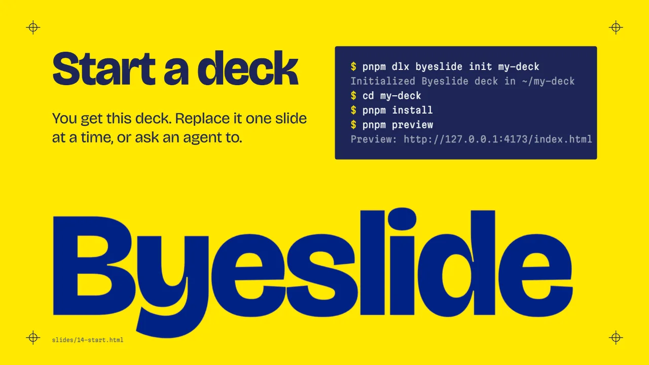 The commands to start a deck on a yellow slide